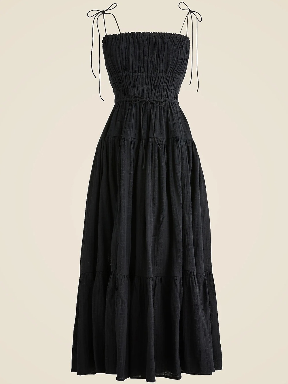 J.crew black clio textured gauze strap maxi summer tie waist dress size medium